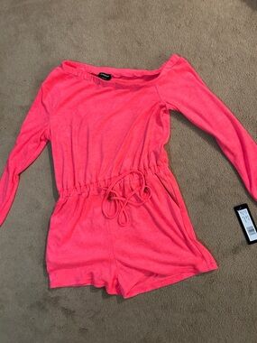 bebe Neon Coral Pink Off-Shoulder Long Sleeve One-Piece Romper